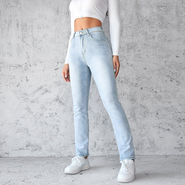 Women's Straight Leg Slim Fit Jeans, Fashionable And Simple Light Blue Pants